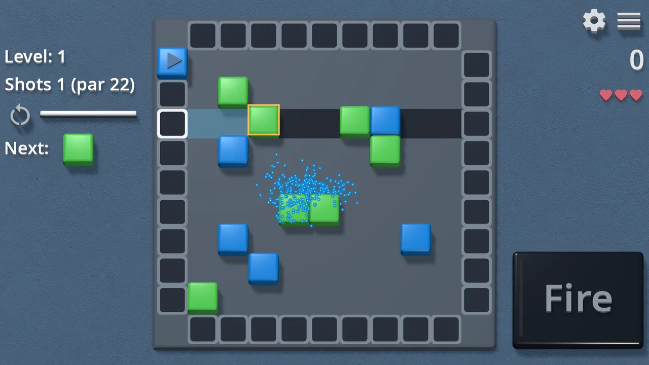 A level in progress, with blue and green tiles on the board, a highlighted match and controls for firing the next tile