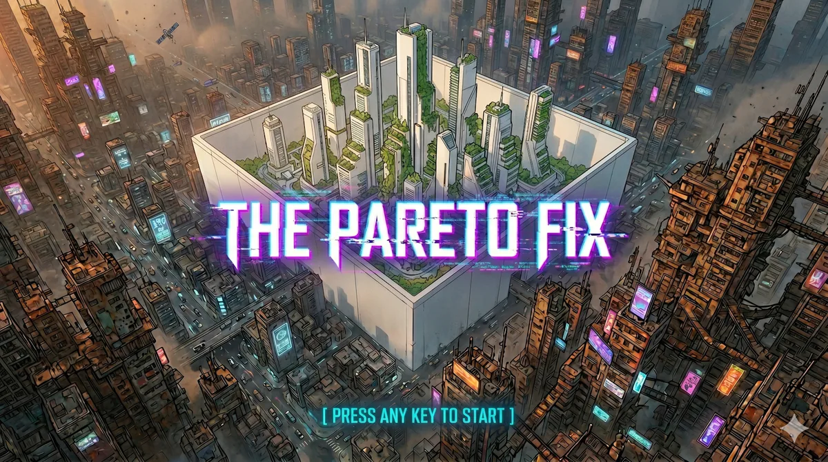 Title artwork for The Pareto Fix, showing a green high-rise enclave surrounded by a dense cyberpunk city